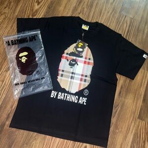 Bape Black Short Sleeve Tee with Plaid Ape Head